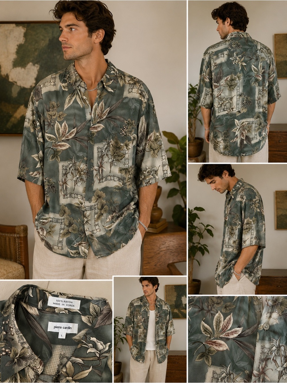 Pierre Cardin Olive Green Floral Short-Sleeve Button-Up Shirt